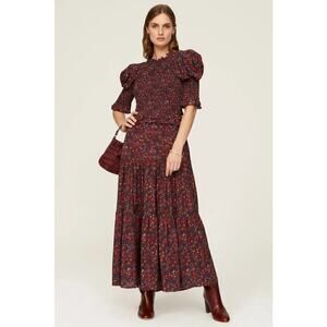 Sea New York Ilana Ikat Dress Smocked Puff Sleeve Back Tie Midi Grape Red Medium